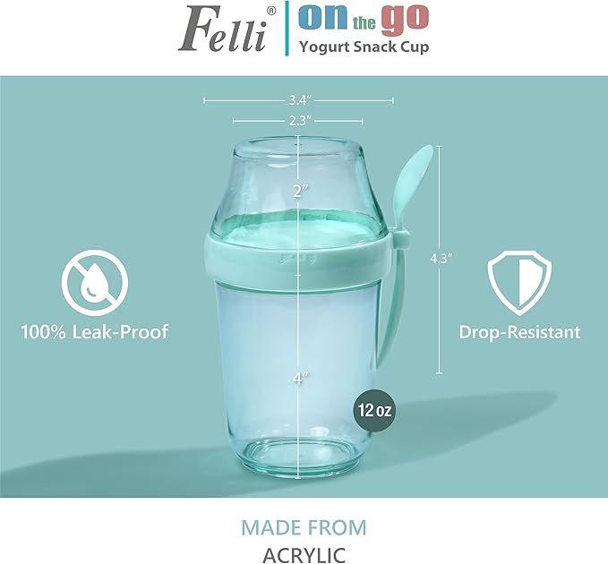 Felli On the Go Yogurt Parfait Snack Cups with Lid, Reusable Acrylic Travel Jars for Chia Pudding, Portion Control Breakfast & Lunch Containers, Small Fridge Food Storage (2, Green)