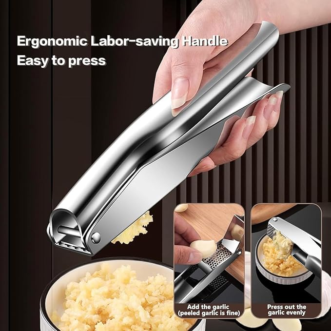 Garlic Press Stainless Steel, Easy Cleaning Kitchen Garlic Mincer & Crusher with Garlic Peeler Tube and Scraper, Heavy Duty Metal Ginger Press, Easy Squeeze, Dishwasher Safe