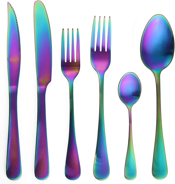 24-Piece Stainless Steel Flatware Set, Matte Colorful Rainbow Finish, Service for 4