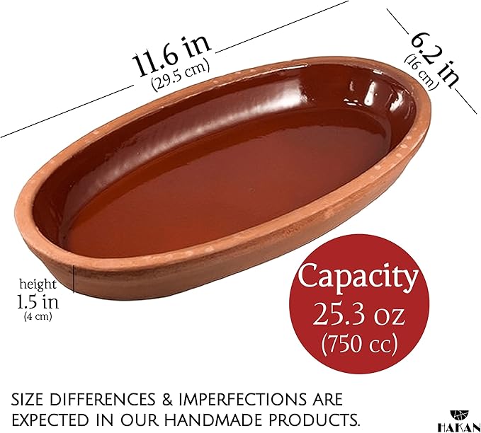 Hakan Bergama Handmade Oval Clay Pan Set of 2 | Terracotta Pans Glazed Inside | Casserole Dishes for Oven Baking | Traditional Earthenware Clay in Box, Large, 6.2 x 11.6 x 1.5-inch 25.3 Oz (750 cc)