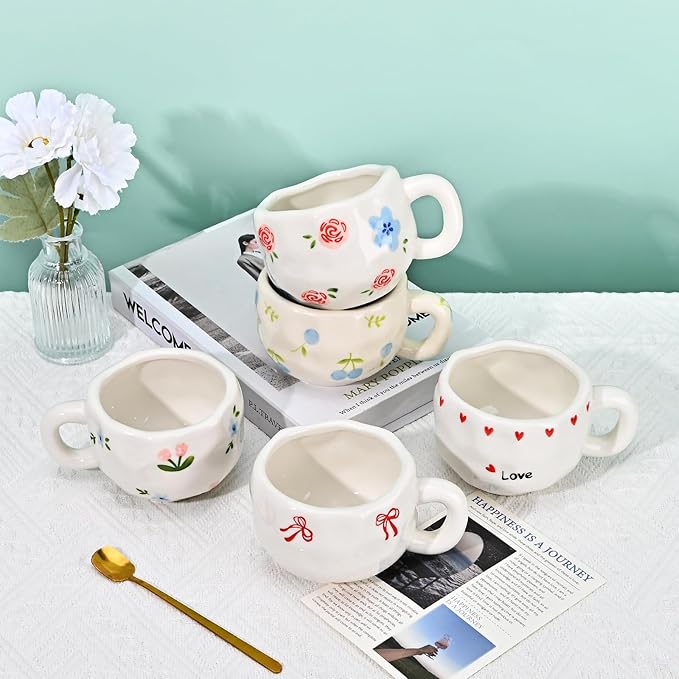 Koythin Ceramic Coffee Mug with Saucer Set, Cute Creative Love Heart Cup Unique Irregular Design for Office and Home, 10 oz/300 ml for Latte Tea Milk