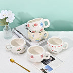 Koythin Ceramic Coffee Mug with Saucer Set, Cute Creative Pink and Blue Floral Cup Unique Irregular Design for Office and Home, 10 oz/300 ml for Latte Tea Milk