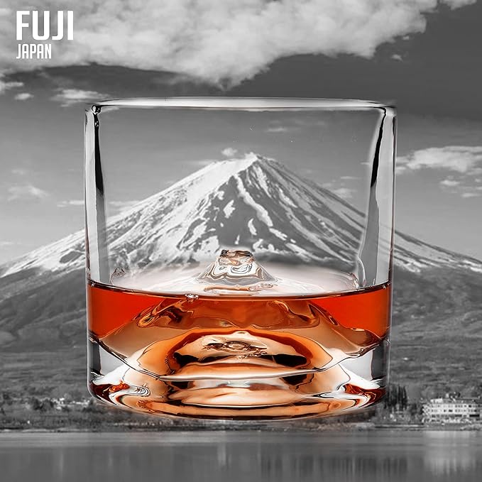 LIITON Mount Fuji Heavy Crystal Whiskey Glasses Gift Set of 2, Thick Freezable Bourbon Glass 1lb Each, Premium Whiskey Gifts for Men, Frozen Crystal Chills Cocktails, 10 oz