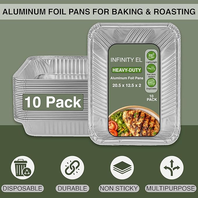 INFINITY EL Disposable Aluminum Foil Pans 10 Pack | Full Size Shallow 20.5" x 12.5" x 2" Heavy Duty Foil Pan | Aluminum Baking Pans for Roasting Turkey, Lasagna, Thanksgiving, Christmas, Parties