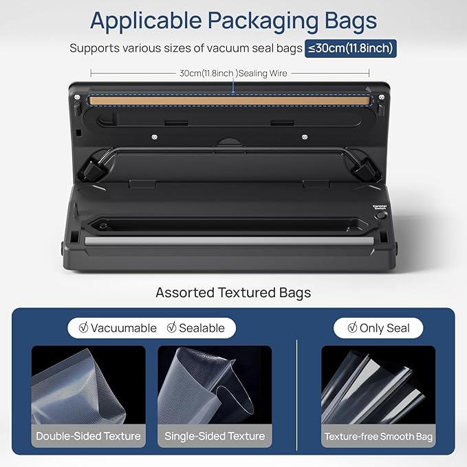 Vacuum Sealer Machine for Food Saver, 70kpa Powerful Suction Compact 7-in-1 Automatic Food Sealer for Sous Vide & Food Storage, Dry/Moist/Strong/Gentle Mode, Removable Drip Tray | 2 Bag Rolls, Black