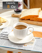 Hasense Ceramic Cappuccino Cups and Saucers - 8 Oz, Large Ribbed Latte Cups Set of 4 for Coffee,Tea,Latte and Macchiato, Demitasse Cups Set Aesthetic Gifty, White