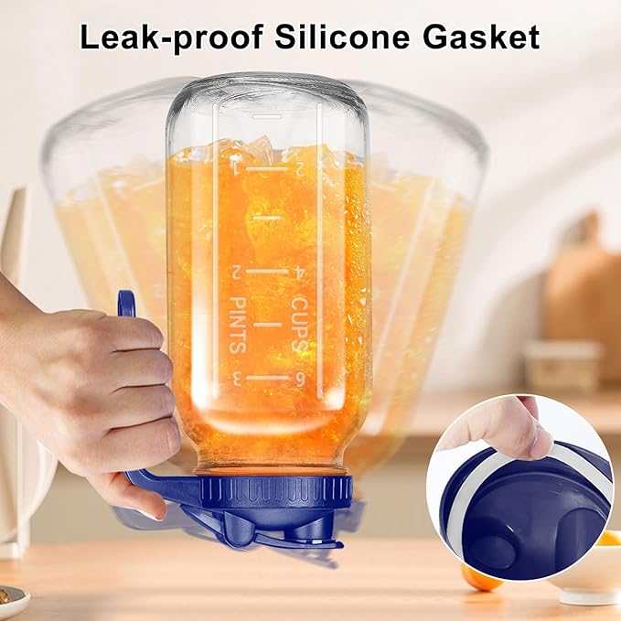 64OZ Mason Jar Pitcher, Blue, 2 Quarts, Leak-Proof Flip Cap Lid, Sturdy Handle, Country Rustic Style