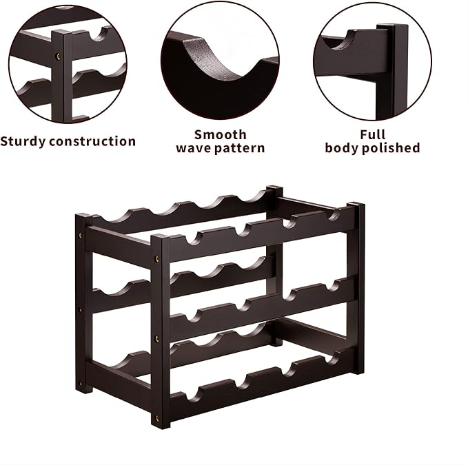 VASMIA Bamboo Wine Rack, Sturdy and Durable Wine Storage Cabinet Shelf, Wine Racks Countertop for Pantry,Kitchen,3-Tier 12 Bottles Wine Rack Brown