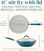 Rachael Ray Cucina Ceramic Nonstick Stir Fry Pan and Lid, 11 Inch Non Stick Wok Pan, Dishwasher Safe - Marine Blue
