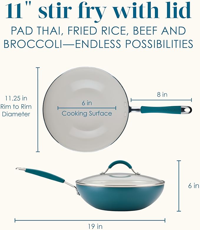 Rachael Ray Cucina Ceramic Nonstick Stir Fry Pan and Lid, 11 Inch Non Stick Wok Pan, Dishwasher Safe - Marine Blue