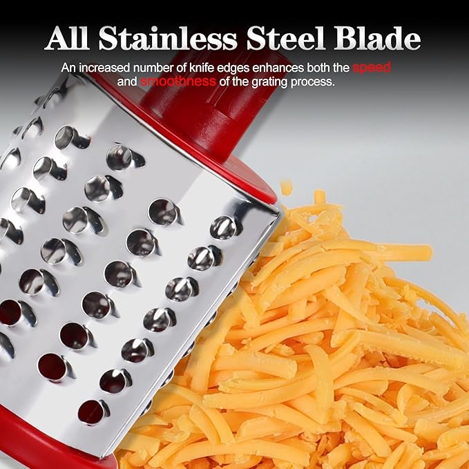 Ourokhome Rotary Cheese Grater Hand Crank, Kitchen Shredder Speed Mandolin Slicer Nuts Grinder with Handle and Drum Blades for Cheese, Vegetable, Chocolate, Potato, Carrot, 3 Blades, White Red