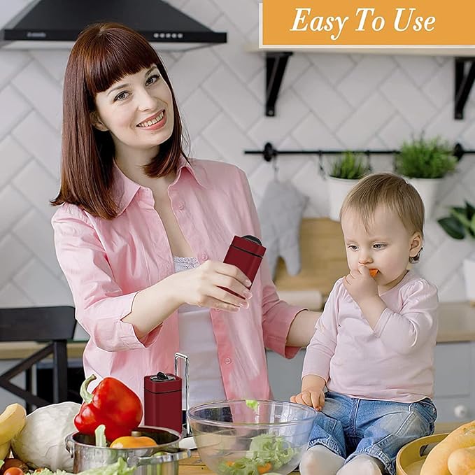 Red Salt and Pepper Shakers Set with Holder, Salt Shaker with Adjustable Pour Holes, Stainless Steel Refillable Spice Dispenser by Aelga