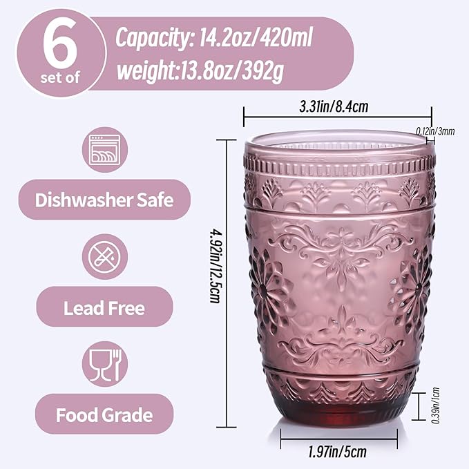6Pcs 14OZ Drinking Glasses, Purple Drinking Glasses, Colored Glassware Drinking, Highball Beverage Glasses Cup, Vintage Glassware Set for Water, Juice, Cocktail, Coffee