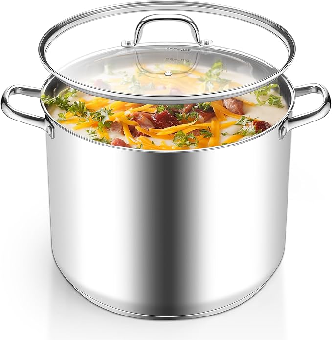 Stainless Steel Stock Pot, Homikit 24 Quart Large Stockpot Soup Pot with Lid, Tri-ply Bottom Cookware for Induction Gas Various Stovetops, Seafood Sauce Canning Cooking Pot for Large Group and Events