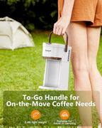 Single Serve One Cup Coffee Maker, for K Cups and Grounds, Mini Coffee Maker with Portable Handle, 6 to 12 Oz Brew Size, for Travel, Camping, Office, RV and Dorm, 120V, White and Brown