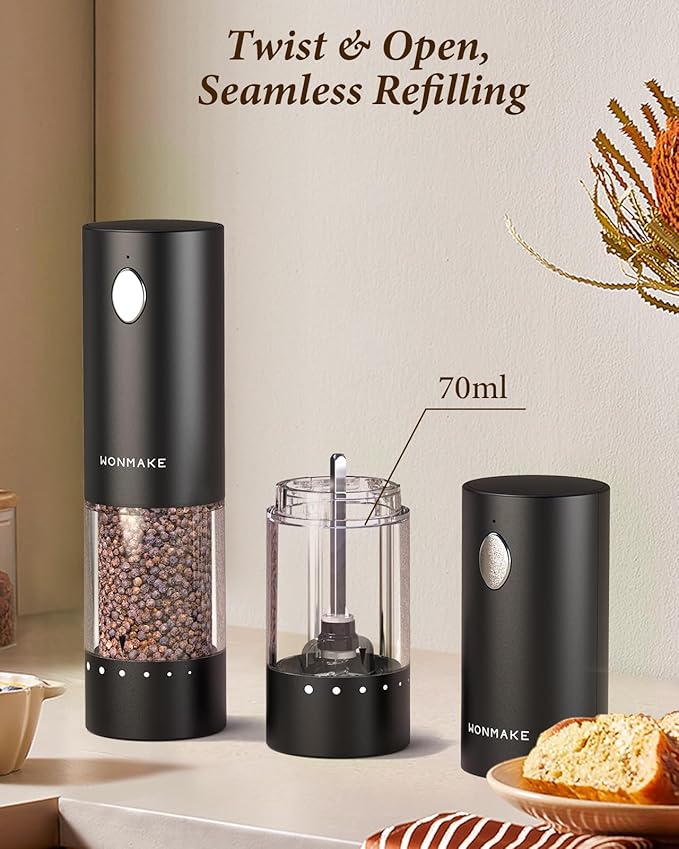 Electric Salt and Pepper Grinder Set - Automatic Refillable Salt and Pepper Grinders with Charging Base & LED Light, 6-Level Adjustable Coarseness with External Dial, Ideal Kitchen Gadget