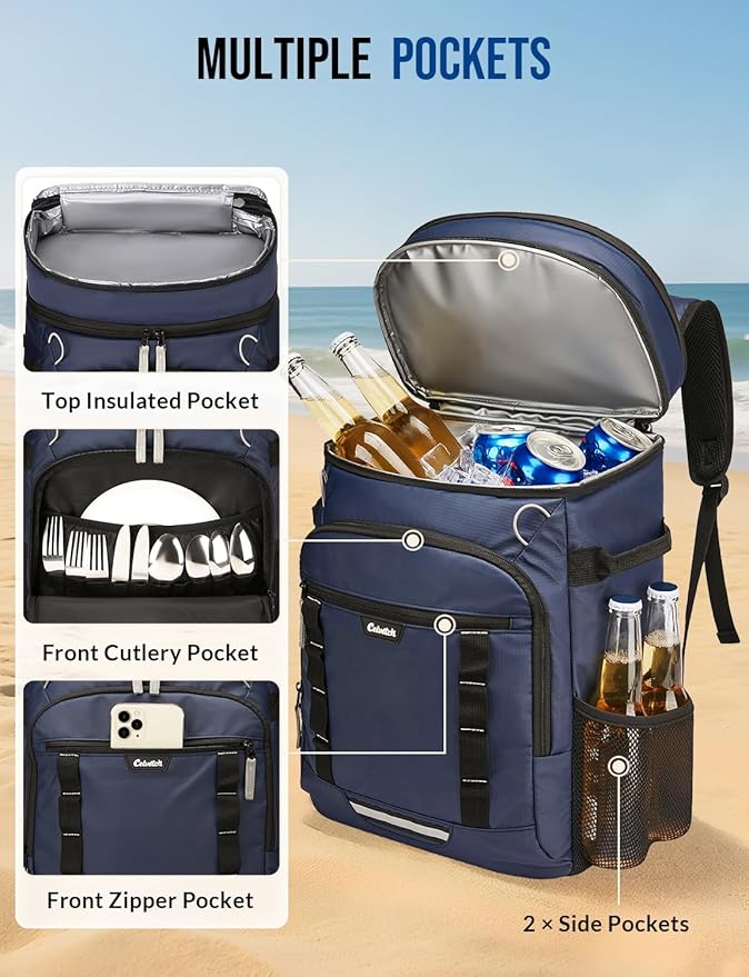 Backpack Cooler Insulated Leak Proof 36/40 Cans Large Capacity Soft Insulated Cooler Bag Lightweight Lunch Backpack for Men Women Work Travel Beach Camping Picnic Hiking - Navy Blue