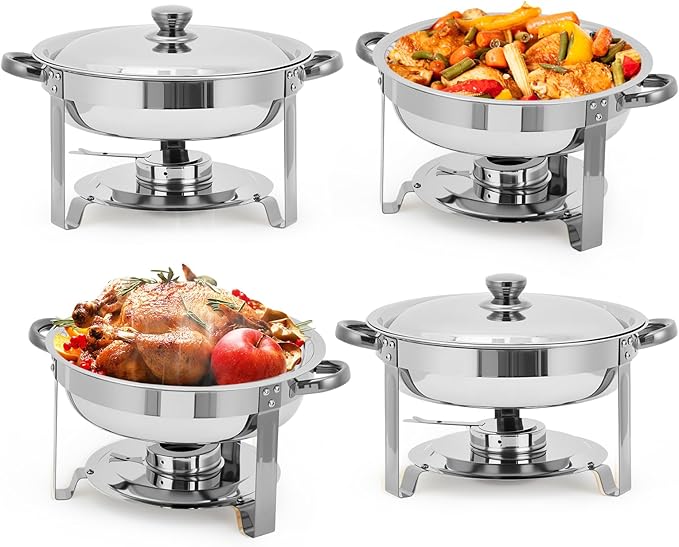Garvee 4 Pack Chafing Dishes for Buffet, 5 QT Round Buffet Servers and Food Warmer Set with Lid, Stainless Steel Chafers for Catering Parties Wedding Banquet, Silver