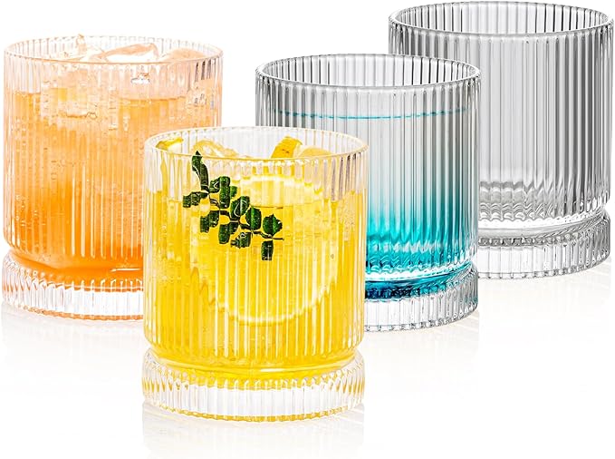 Ribbed Glass Cups Set, 390ml Vintage Drinking Glassware Set of 4, Cocktail Glasses, Low Ball Ribbed Glassware, Mixed Glassware Set, Premium Whiskey Glasses, Ideal for House of Glass