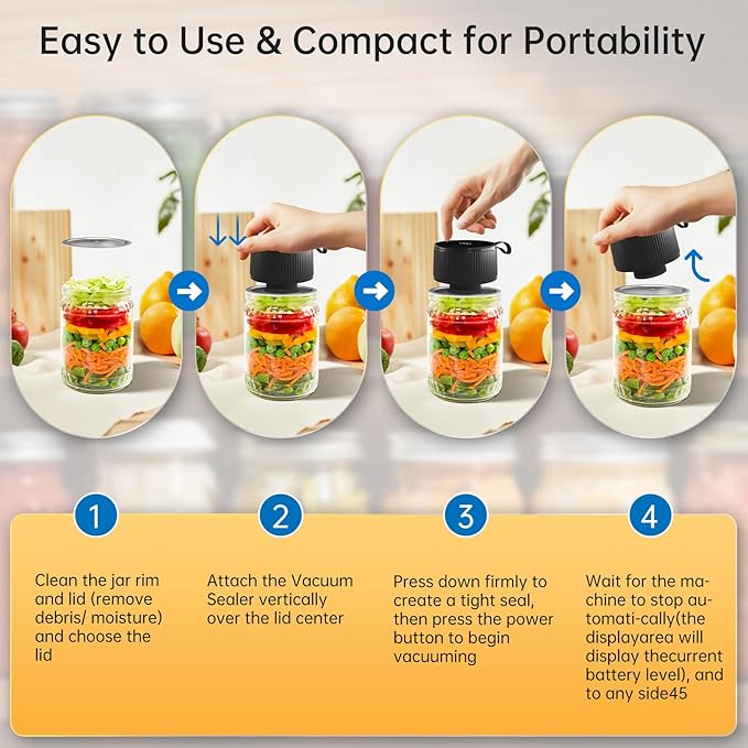 Electric Mason Jar Vacuum Sealer Kit, 3-in-1 Handheld Automatic Vacuum Sealer for Mason Jars, Food Savers & Containers | Ideal for Canning Jams, Pickles, Dry Foods, Grains | Present for Mom, Black