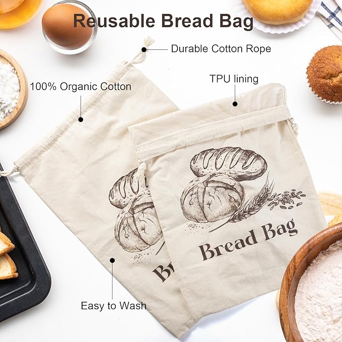 2 Pack Cotton Bread Bags for Homemade Bread, Large sourdough bread bags with TPU Lining, 12 X18 Inches Reusable Food Storage Bags (2)