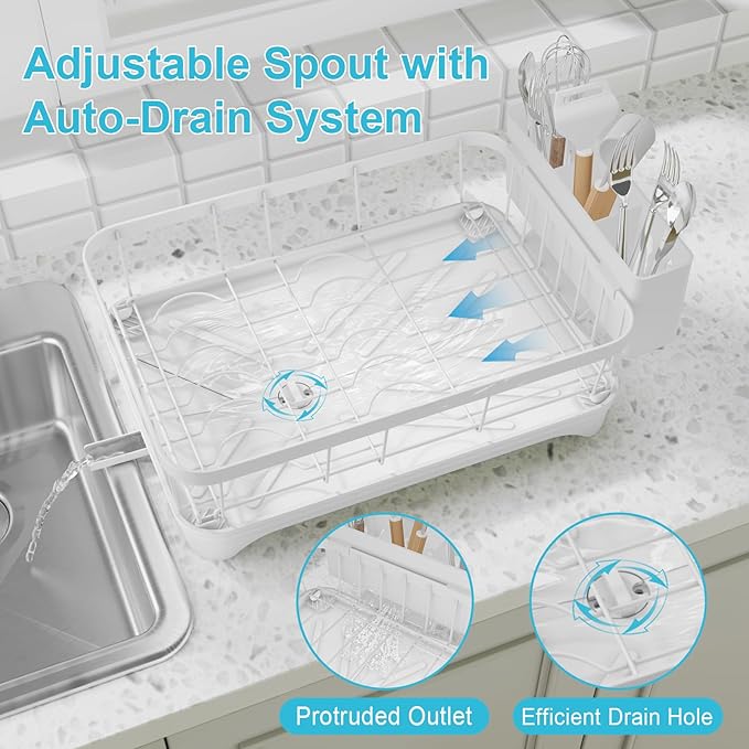 Dish Drying Rack - Space Saving Dish Rack with Drainboard,Single Layer with Utensil Holder - Large Capacity Countertop Organizer for Bowls, Cups, Dish Drainer White