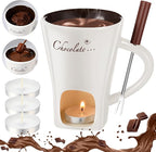 Honeydak Chocolate Fondue Mug with Fork and Candle Sweet Ceramic Personal Chocolate Melting Cup Chocolate Fondue Mug Ideal Gifts for Birthday Date Night Birthday Wedding Gifts (White)