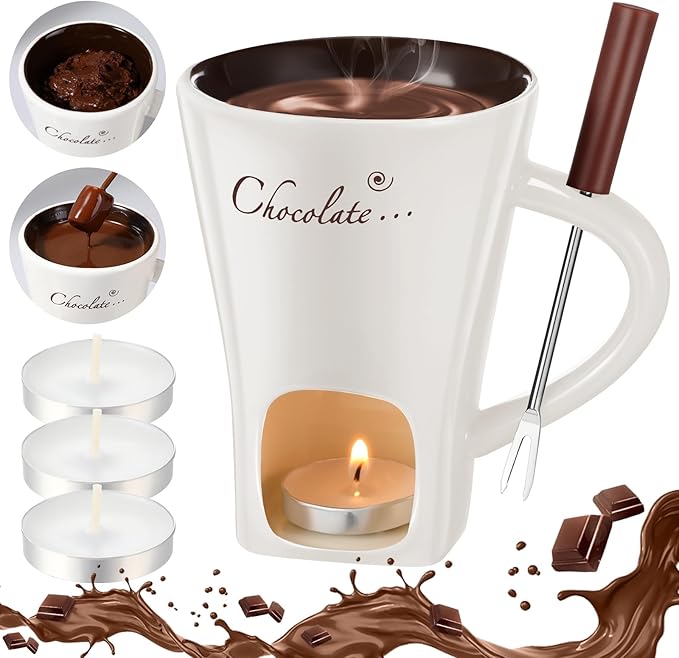 Honeydak Chocolate Fondue Mug with Fork and Candle Sweet Ceramic Personal Chocolate Melting Cup Chocolate Fondue Mug Ideal Gifts for Birthday Date Night Birthday Wedding Gifts (White)