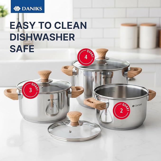 Daniks Oslo 6-Piece Stainless Steel Induction Cookware Set – Dishwasher Safe Pots with Heatproof Handles, Glass Lids, Silver