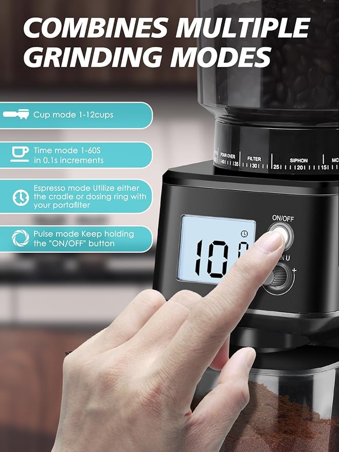 Homtone Conical Burr Espresso Coffee Grinder, Electric Coffee Grinder with 51 Precise Settings, 120V Espresso Grinder with Portafilter Holder, Adjustable for 2-12 Cups, Stainless Steel, Anti-static