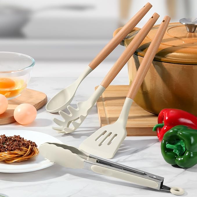 LIANYU 15 PCS Silicone Kitchen Utensils Set with Holder, Cooking Utensils set for Nonstick Cookware, Heat Resistant & Non Toxic Spatula Ladle Tong, White