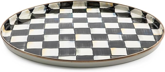 MACKENZIE-CHILDS Enamel Round Tray, Unique Serving Platter for Food and Drinks, Black-and-White Courtly Check