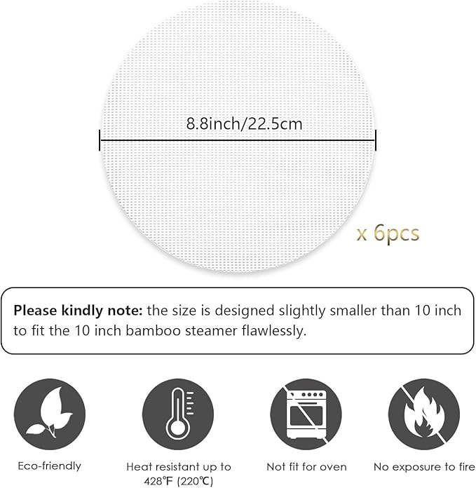 Bamboo Steamer Silicone Liners 10-Inch 6Pcs, BPA Free, Reusable & Non Stick for Food Steamer, Air Fryer, Steaming Dumpling Dim Sum Vegetable, Round Mesh Parchment Baking Sheet Paper