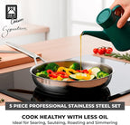 BRA COOKWARE Signature 5 Piece Cookware Set | Stainless Steel Professional Kitchenware Set | 1 Pot, 1 Colander, 2 Frying Pans, 1 Lid | All Stovetop Compatible | PFOA Free