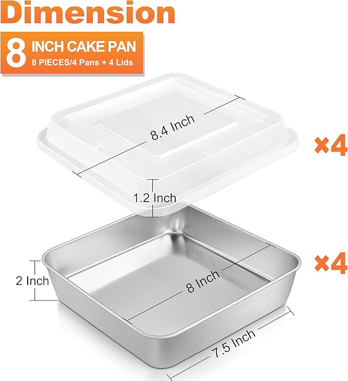 Herogo 8''x 8'' Square Cake Pan, Stainless Steel Square Baking Pan with Lid, Rectangle Cakes Brownie Lasagna Bakeware Set of 4, Healthy & Dishwasher Safe