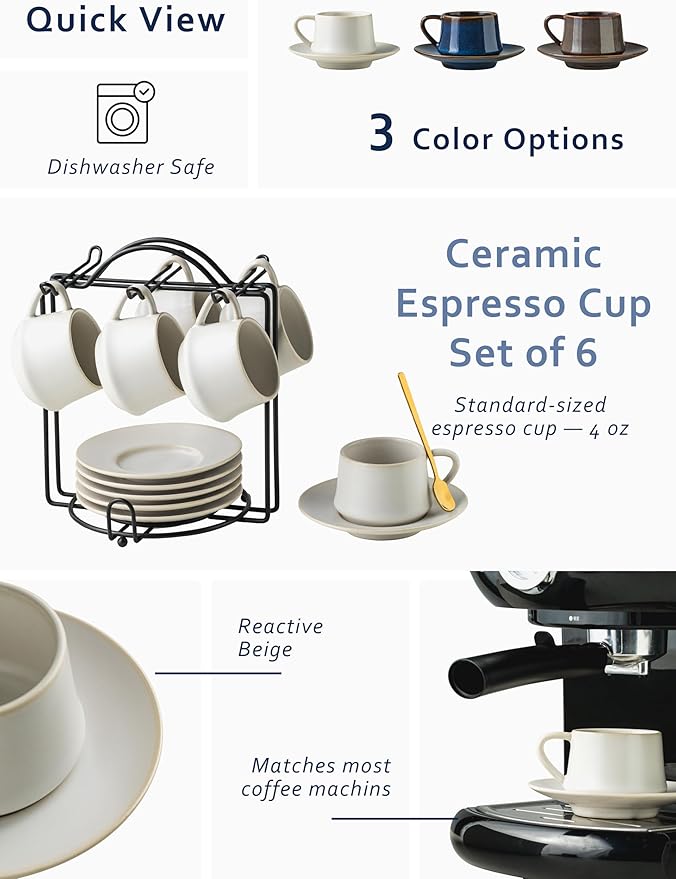 YHOSSEUN Espresso Cups with Saucers and Metal Stand, 4 Oz Ceramic Expresso Shots Cup Espresso Small Coffee Cups Set of 6, Beige