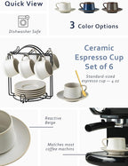 YHOSSEUN Espresso Cups with Saucers and Metal Stand, 4 Oz Ceramic Expresso Shots Cup Espresso Small Coffee Cups Set of 6, Beige