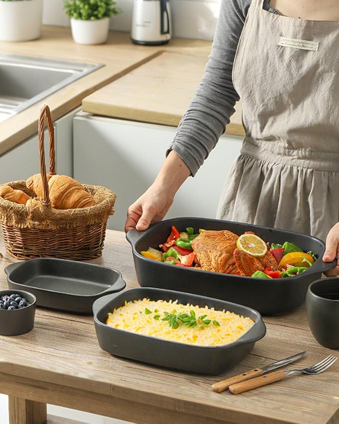 Casserole Dishes for Oven, Stoneware Baking Dishes Set of 3, Ceramic Baking Pan, Deep Rectangular Lasagna Pan, Farmhouse Bakeware Sets for Christmas Gift, (14.9"/12"/8.8"), Matte Black