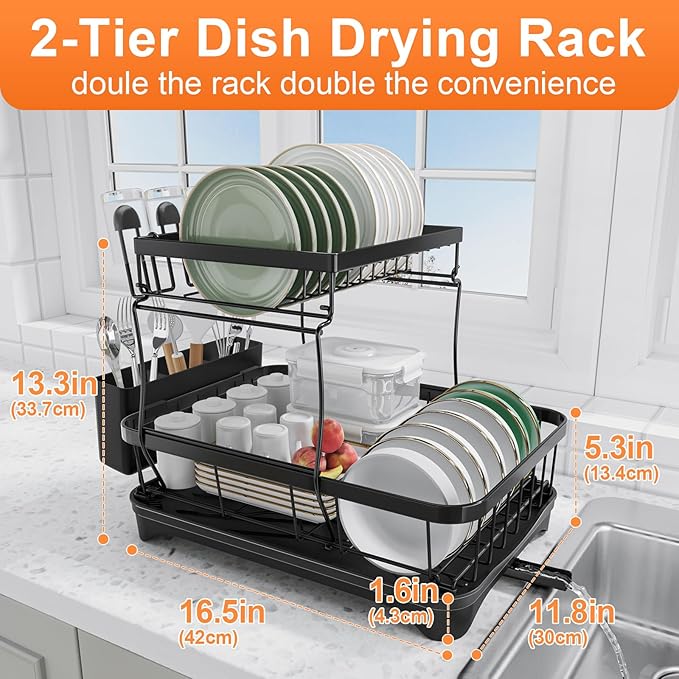 Dish Drying Rack Two-Tier Drying Rack with Utensil Holder, Auto-Draining Dish Rack for Kitchen Counter, Large Capacity for Plates, Bowls, Cups, Dish Drainer with Drainboard, Black
