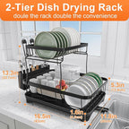 Dish Drying Rack Two-Tier Drying Rack with Utensil Holder, Auto-Draining Dish Rack for Kitchen Counter, Large Capacity for Plates, Bowls, Cups, Dish Drainer with Drainboard, Black