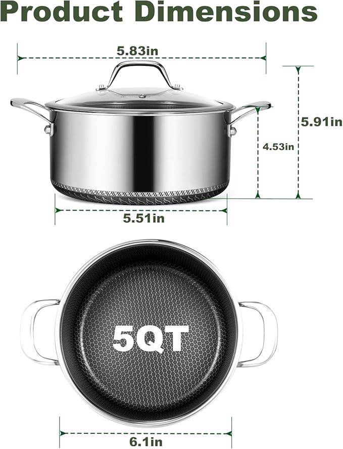Hybrid Nonstick 5 QT Stockpot with Lid Two Handles, Stainless Steel Stockpot with Honeycomb Texture,Compatible with All Cooktops,Dishwasher and Oven Safe