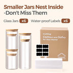 ComSaf Glass Food Storage Jars Set of 6, Clear Glass Storage Containers with Lids, Canisters Sets for the kitchen, Spaghetti, Pasta, Flour, Nuts, Oat, Coffee and Sugar Container, Pantry Organization
