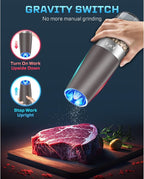 XinXu Gravity Electric Salt and Pepper Grinder Set, Automatic Mill Grinder Shaker,Battery-Operated, Adjustable Coarseness, Stainless Stee, LED Light, One Hand Operated,Brown