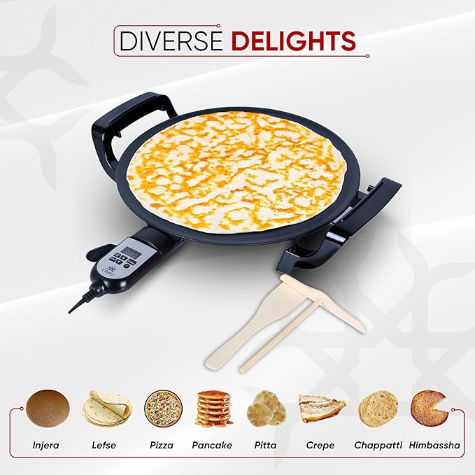 Ethniq 16" Electric Griddle for Ethiopian Injera, Somalian Anjero, Crepe, Lefse, Mogogo, Mitad, Pancake Teff Maker - Adjustable Digital Heat Control - Non-Stick Surface - Even Heat Distribution