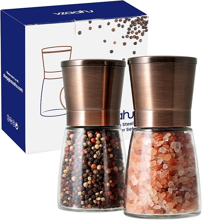 Vzaahu Salt and Pepper Copper Grinders, Set of 2 Refillable Bronze Brass, Seasalt Spice Peppermill with Magnetic Lids Adjustable Coarseness, Ceramic Core, Kitchen Gift