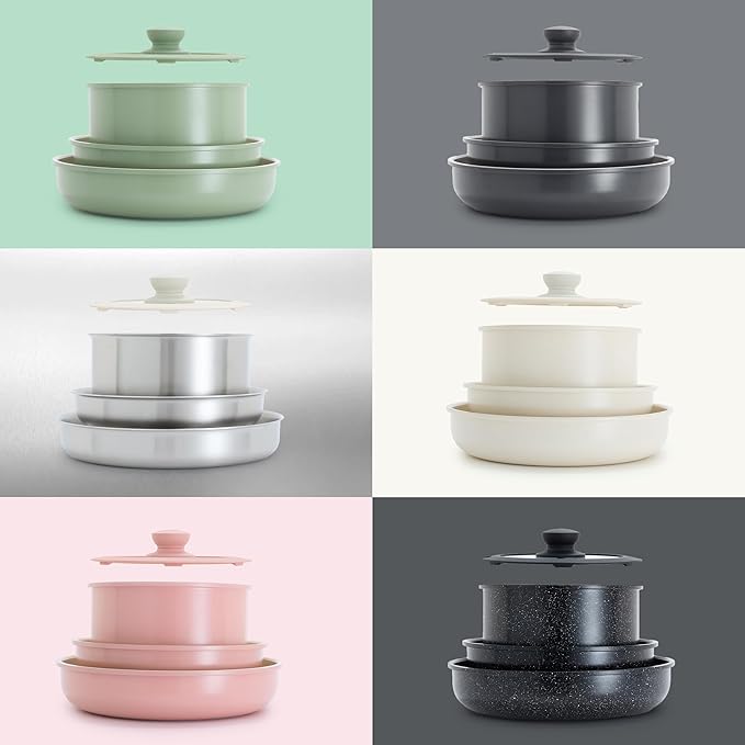 GreenLife Stainless Steel Nonstick 10 Piece Cookware Set, Detachable Handle, Induction Ready, Stackable Kitchen Set, Tri Ply Ceramic PFAS Free Pots & Pans, Space Saving, Oven Safe, Glass Lid, Silver