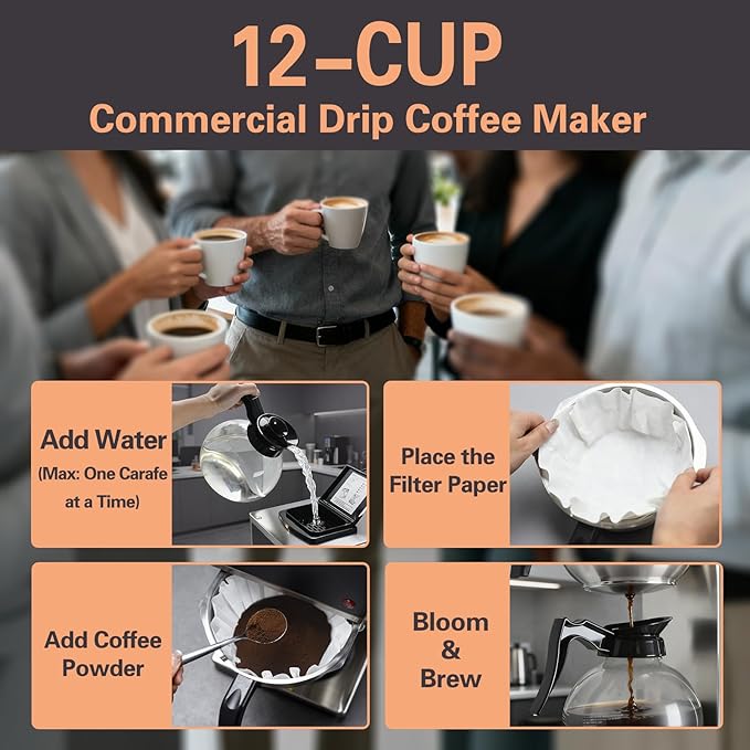 VONCI 1610W Commercial Coffee Maker, 12 Cup Drip Coffee Machine, 2 Glass Carafes and 2 Warmers, Stainless Steel Housing & Funnel, Industrial Coffee Maker for Offices, Hotels, Home