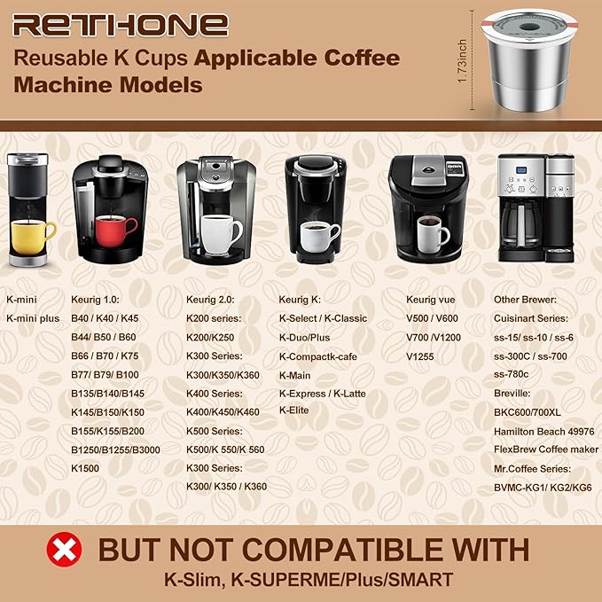 RETHONE Reusable K Cups for Keurig:Refillable K Cups Coffee Pods for Keurig 1.0 & 2.0 Coffee Machine,Stainless Steel Coffee Filters-SUS 304‌, Easy to Clean,Lid-Body Tight Seal