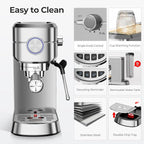 20 Bar Espresso Machine, Compact Espresso Coffee Maker with Milk Frother for Latte/Cappuccino, Auto Clean/34oz Removable Tank/Auto Shut-Off, Espresso Maker for Home/Office, Stainless Steel