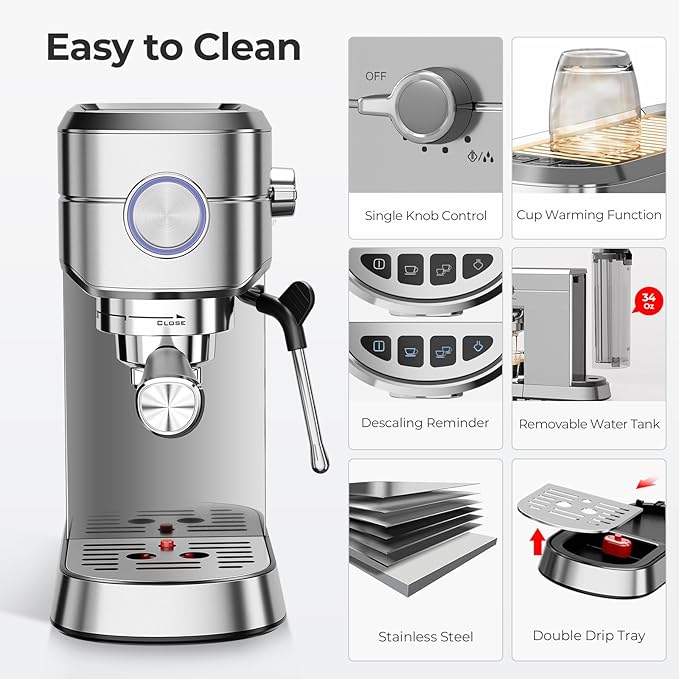 20 Bar Espresso Machine, Compact Espresso Coffee Maker with Milk Frother for Latte/Cappuccino, Auto Clean/34oz Removable Tank/Auto Shut-Off, Espresso Maker for Home/Office, Stainless Steel